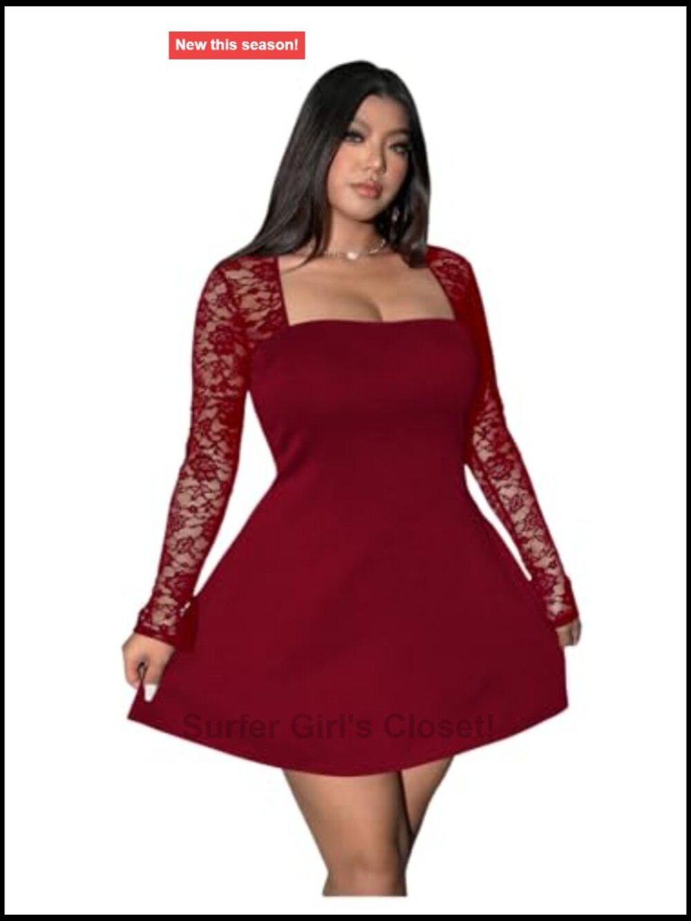 Plus Size Lace Long Sleeve Square Neck Mini Party Dress - Picture 2 of 5